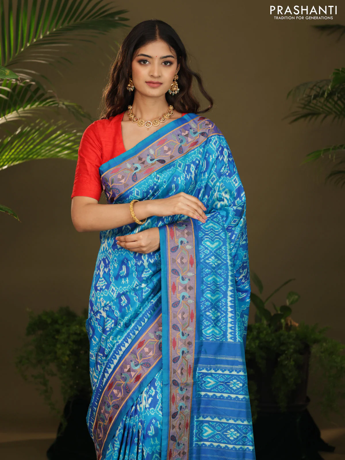 Dual shade of blue Pochampally Silk with Border Embroidery - Image 3
