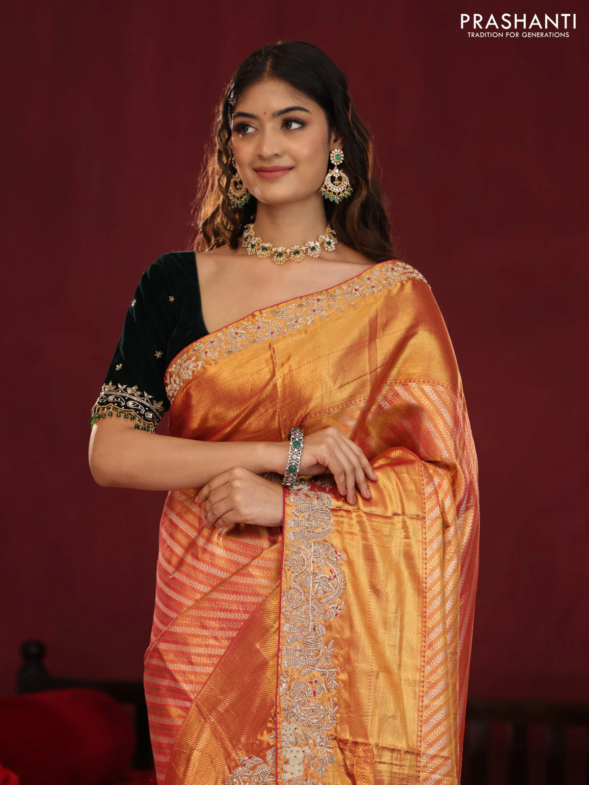 Dual shade of pink pure kanchipuram silk saree with allover zari stripes & border embroidery - Image 2