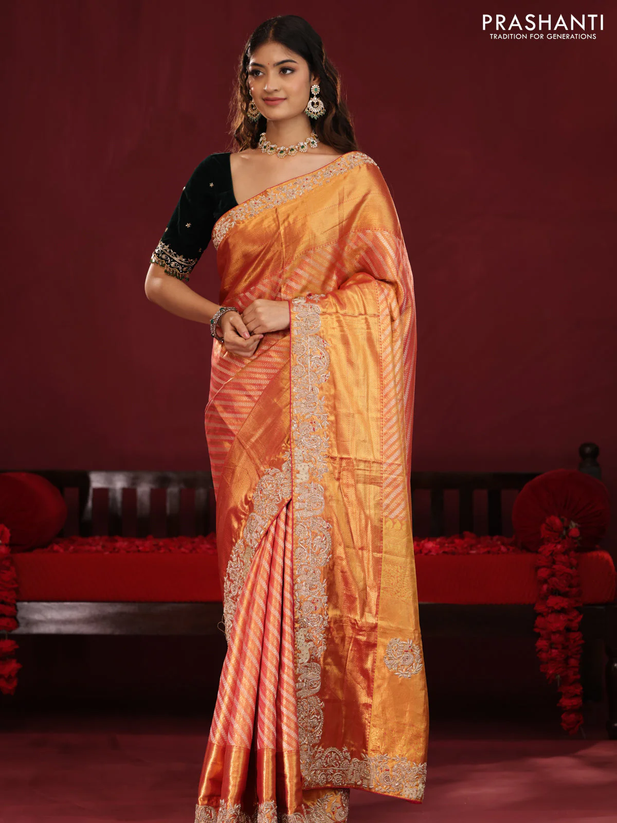 Dual shade of pink pure kanchipuram silk saree with allover zari stripes & border embroidery - Image 3