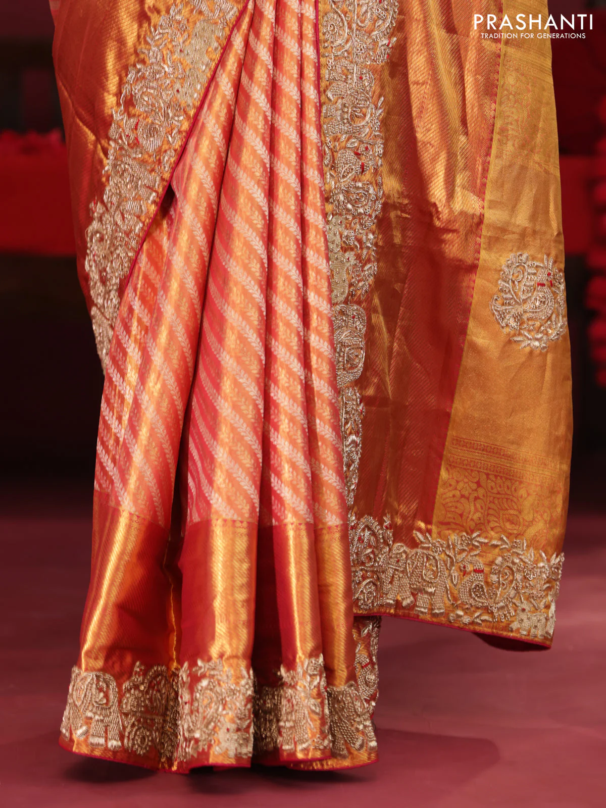 Dual shade of pink pure kanchipuram silk saree with allover zari stripes & border embroidery - Image 4