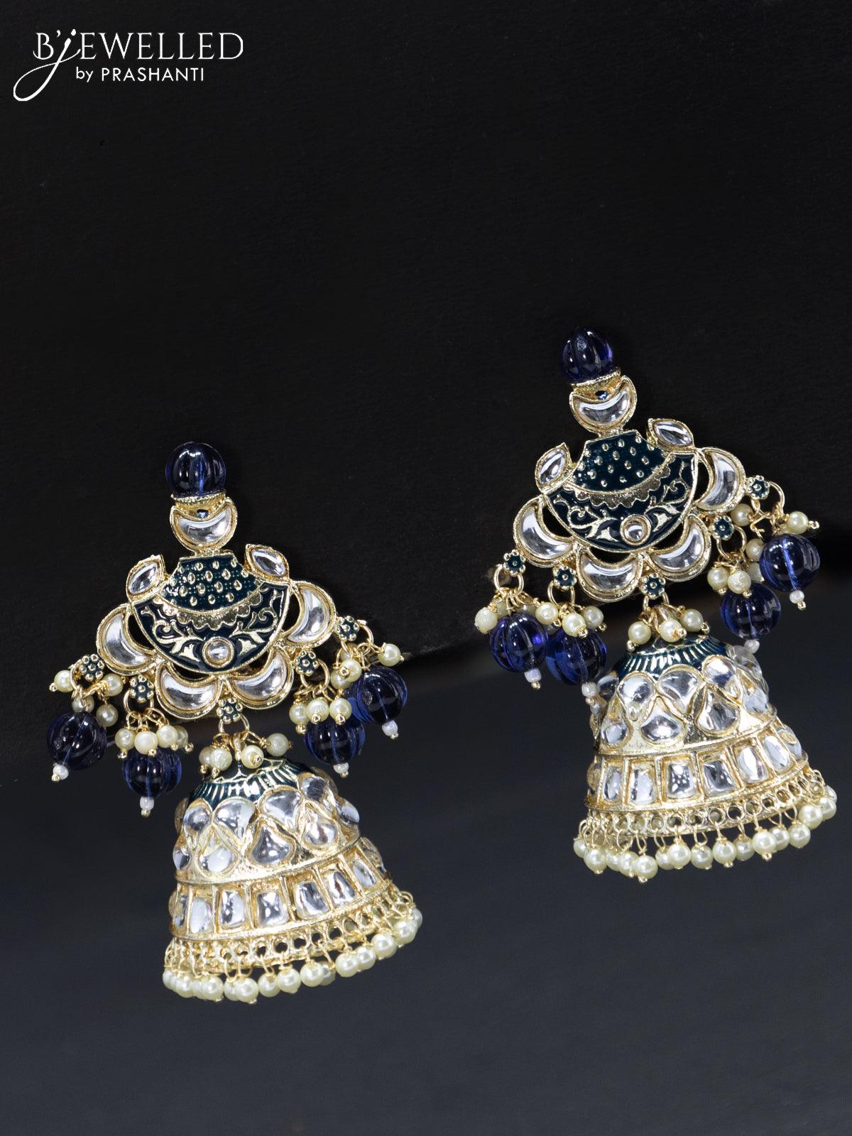 Fashion dangler blue jhumkas with kundan stones and pearl hangings