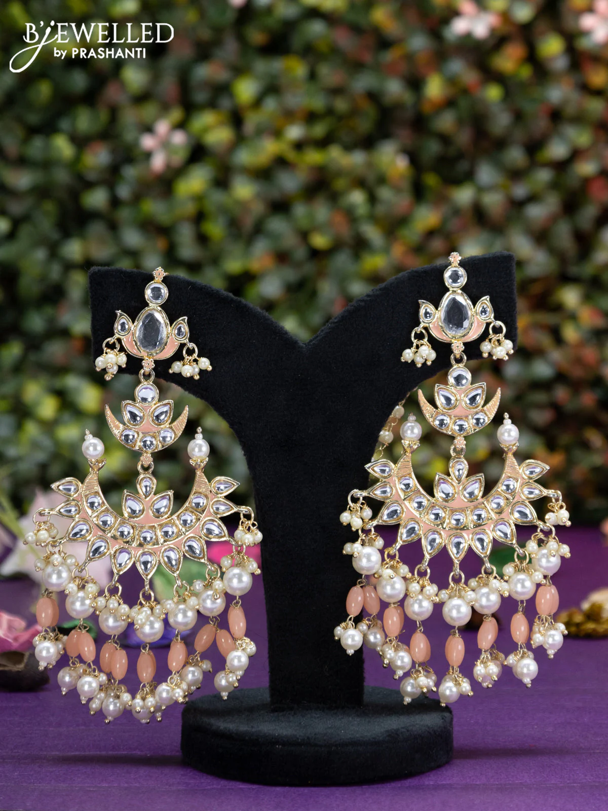 Fashion dangler chanbali peach minakari earrings with kundan stones and beads hangings