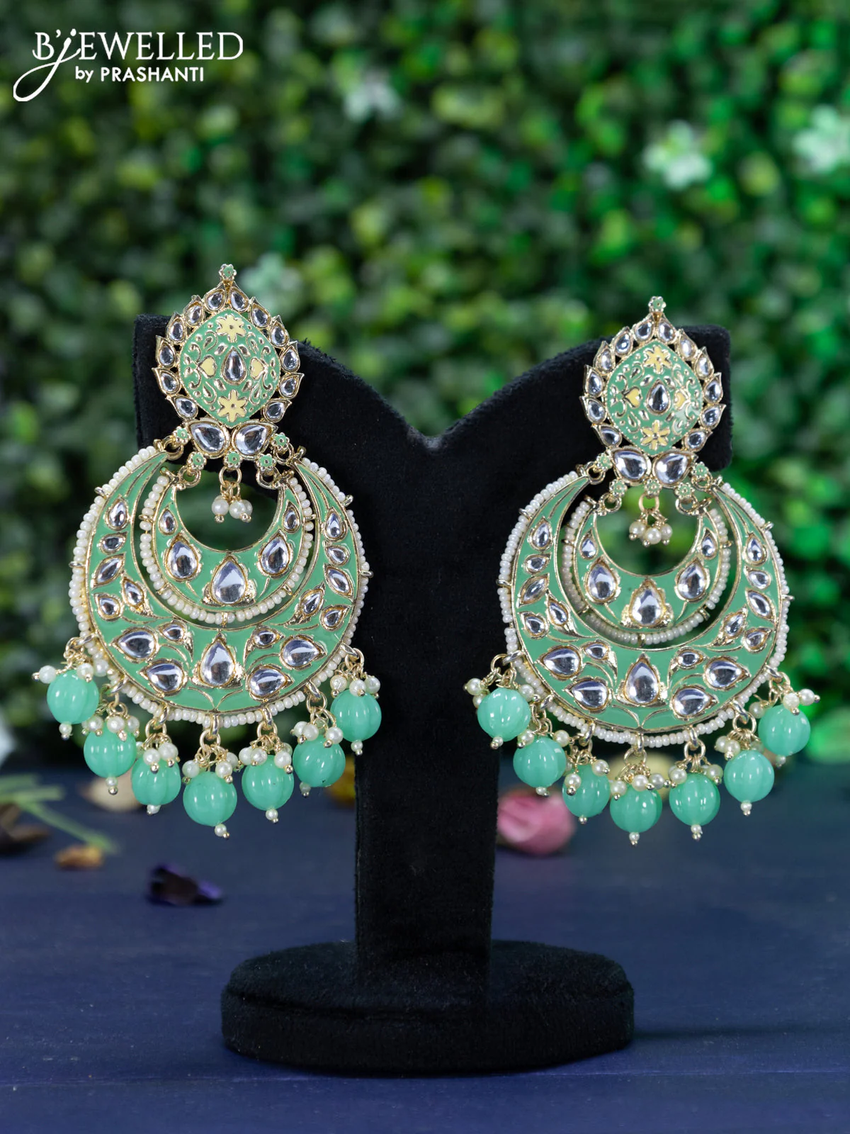 Fashion dangler chandbali teal green minakari earrings with kundan stones and beads hanging