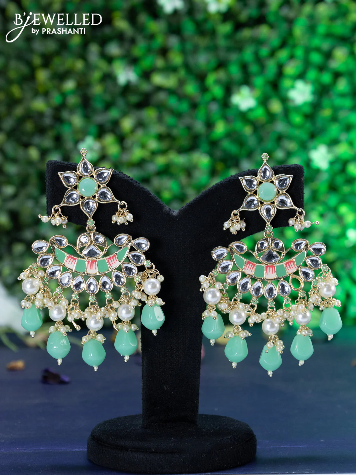 Fashion dangler chandbali teal green minakari earrings with kundan stones and beads hanging