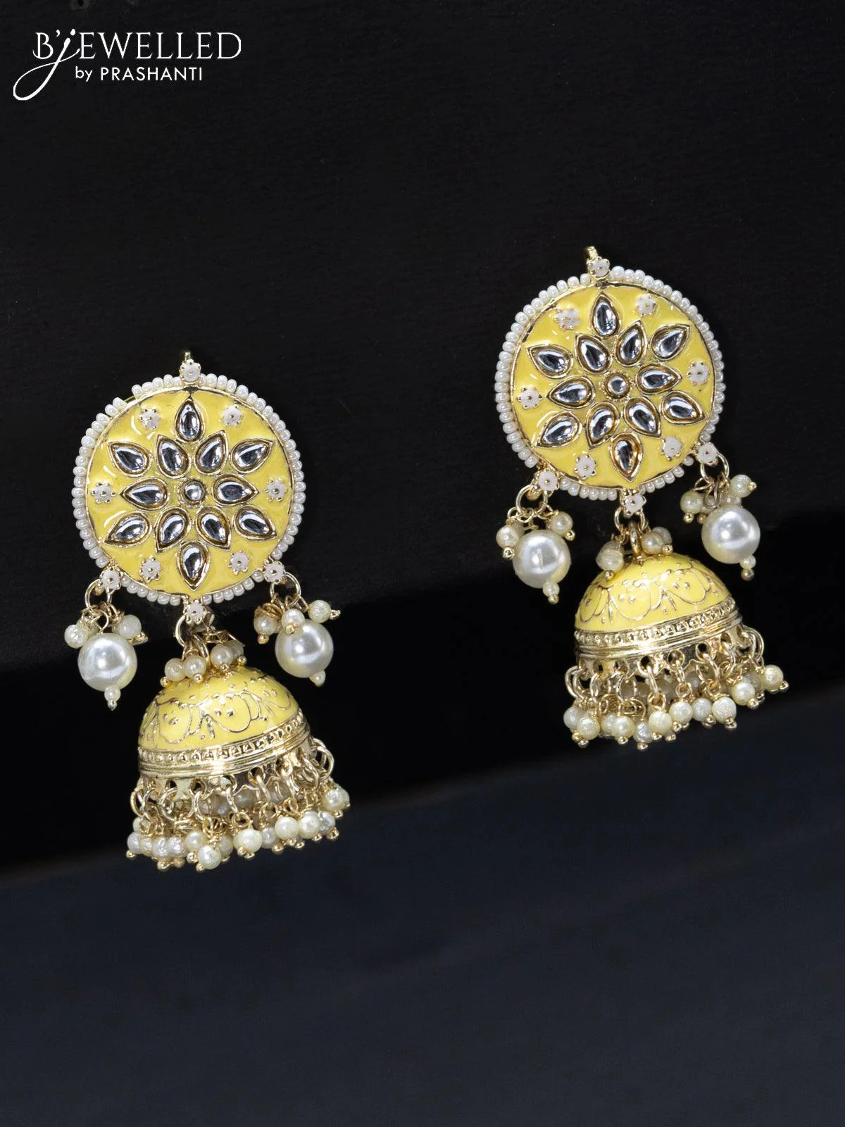 Fashion dangler jhumkas with cream minakari and pearl hangings