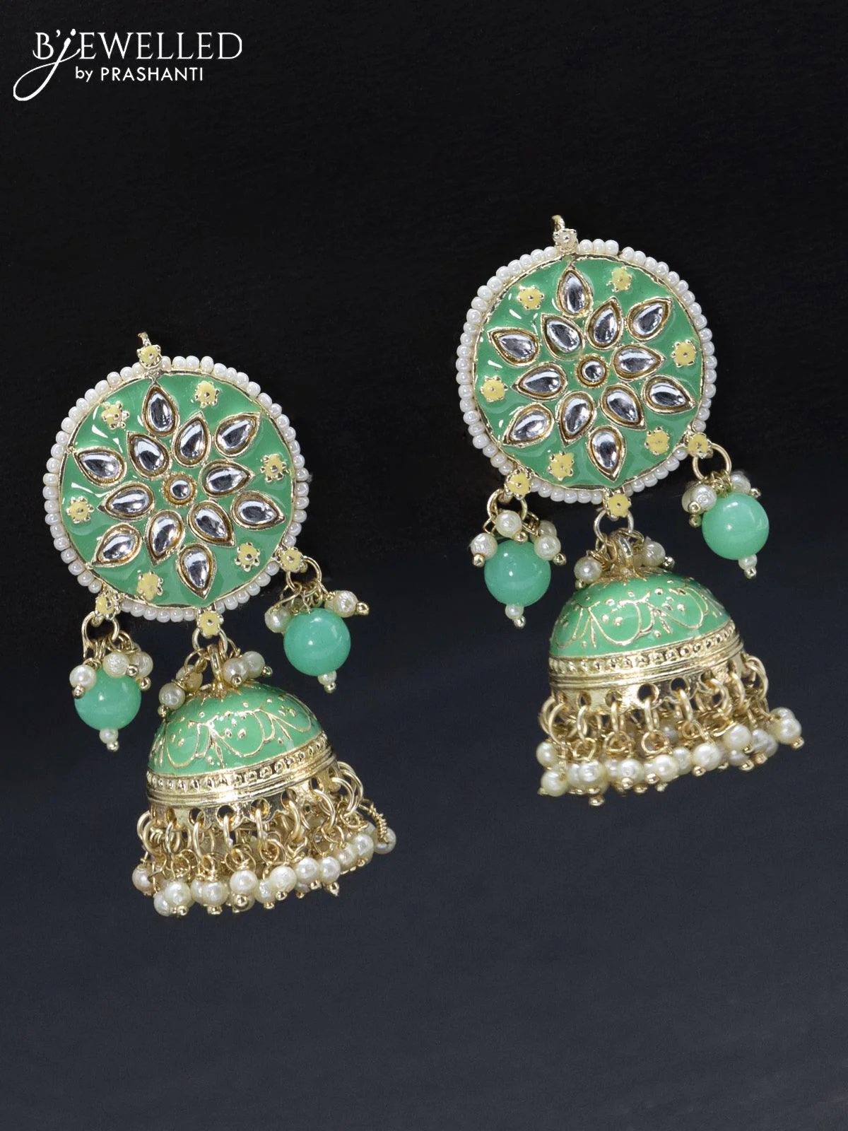 Fashion dangler jhumkas with mint green minakari and pearl hangings