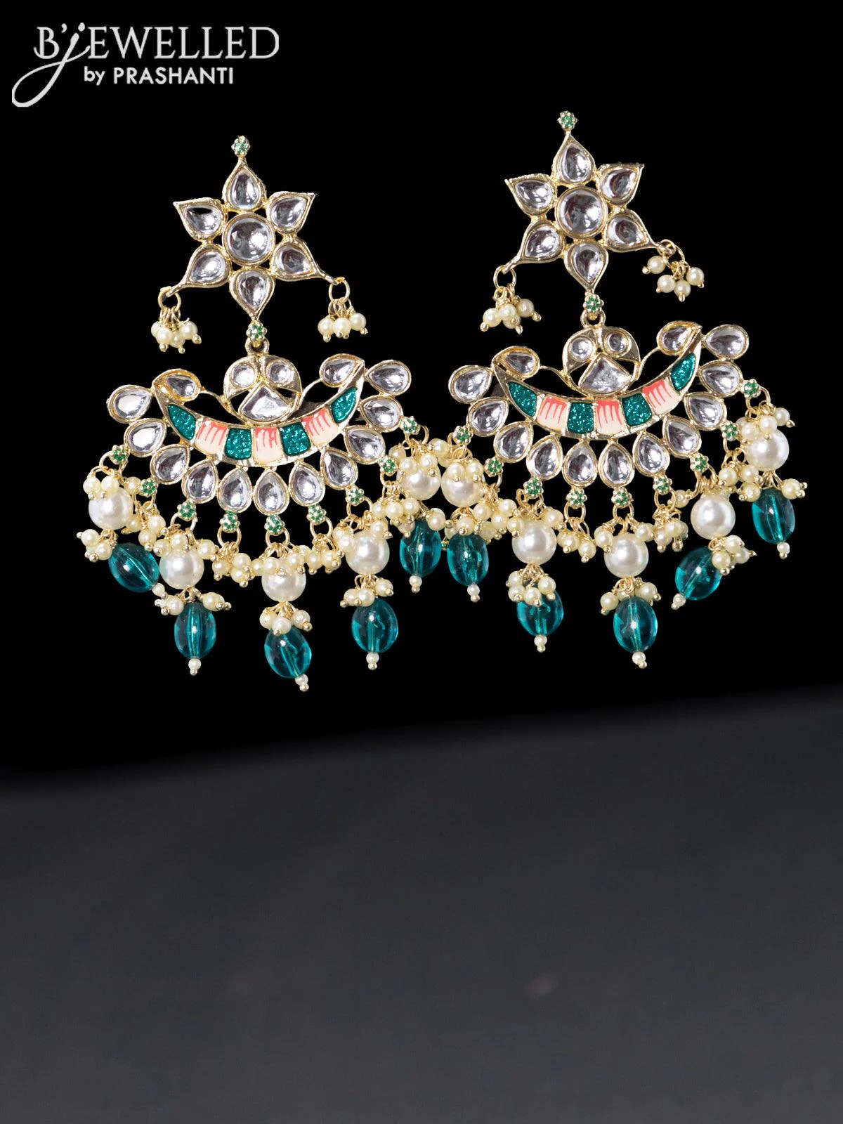 Fashion dangler minakari peacock green earrings with beads and pearl hangings