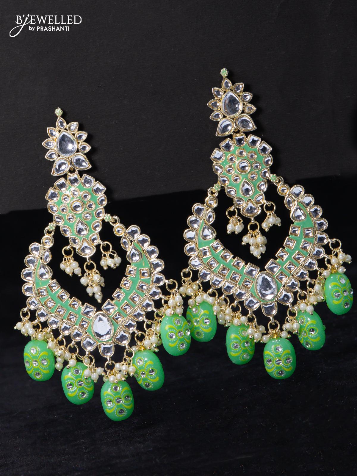 Fashion dangler teal green earrings minakari work with kundan stone and beads hangings