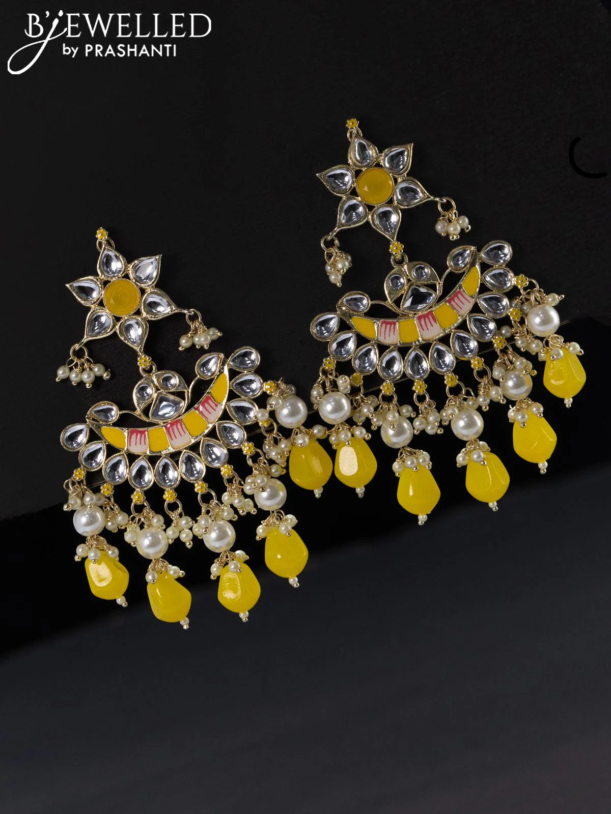 Fashion dangler yellow minakari earrings with kundan stonesbeads hangings