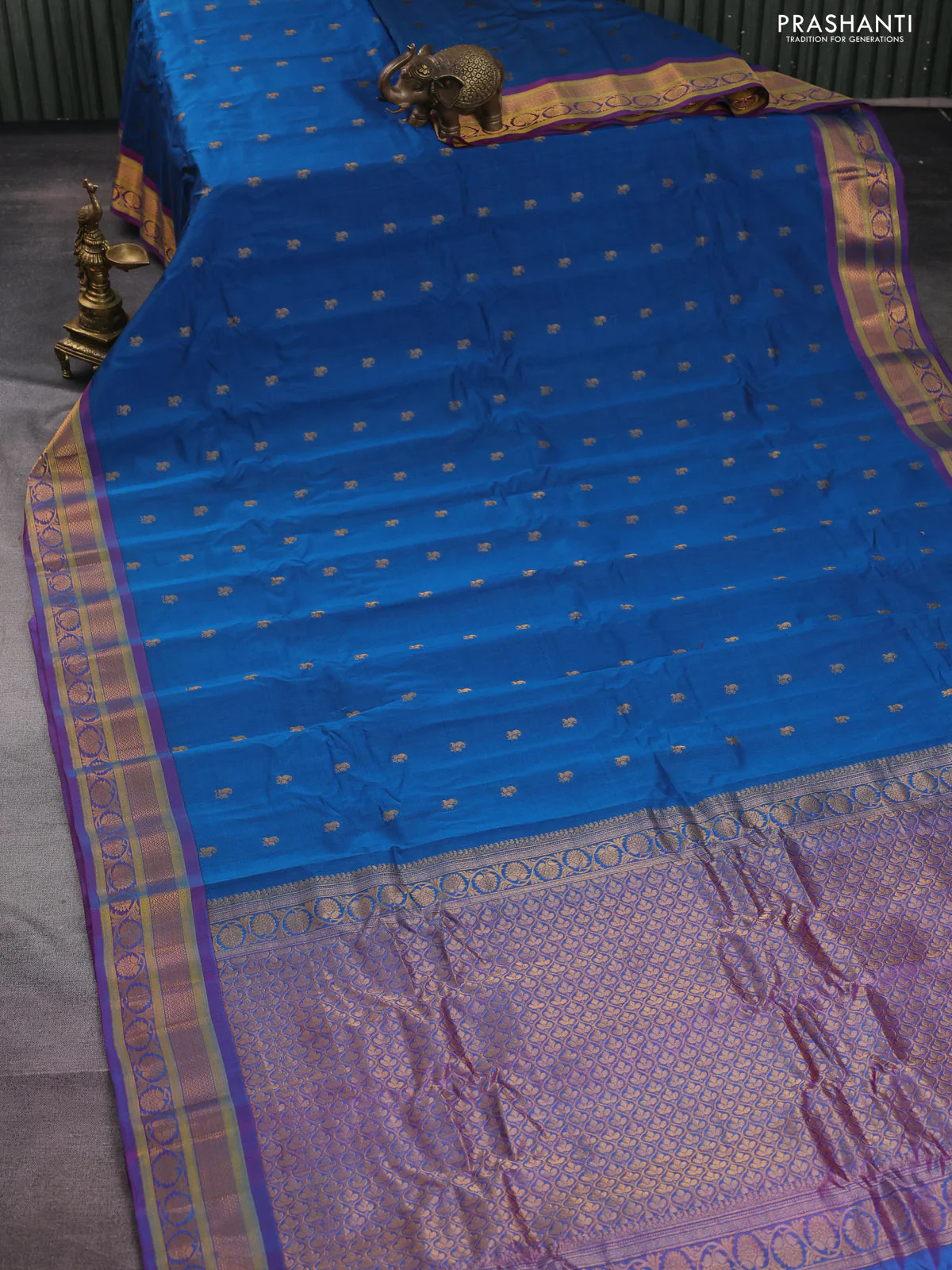 Gadwal silk cotton saree cs blue and dual shade of purple with allover zari woven paisley buttas and zari woven border - Image 2