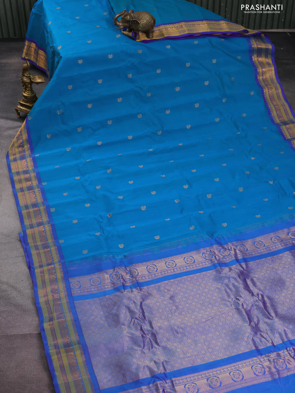 Gadwal silk cotton saree teal blue and purple with zari woven paisley buttas and zari woven border - Image 2