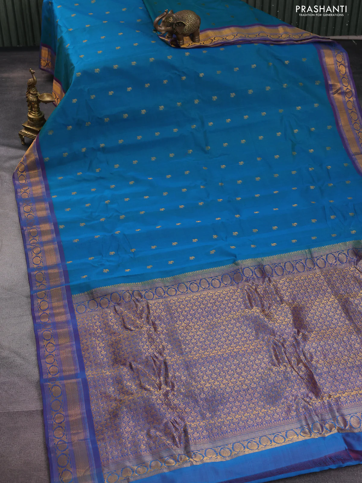 Gadwal silk cotton saree teal bluish green and purple with allover zari woven paisley buttas and zari woven border - Image 2
