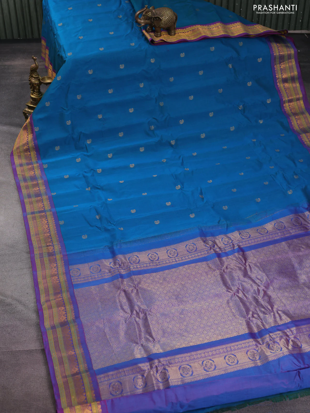Gadwal silk cotton saree teal greenish blue and purple with zari woven buttas and zari woven border - Image 2