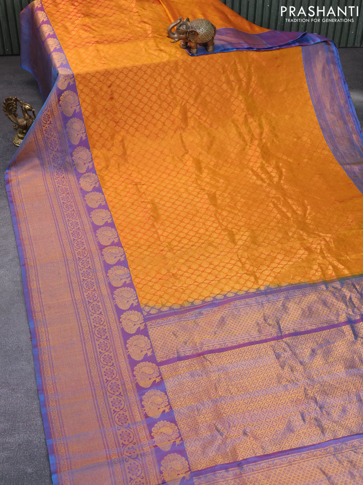 Gadwal silk saree mustard yellow and dual shade of blue with allover zari woven brocade weaves and long zari woven border - Image 2