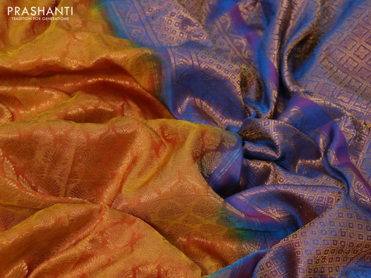 Gadwal silk saree mustard yellow and dual shade of blue with allover zari woven brocade weaves and long zari woven border - Image 3