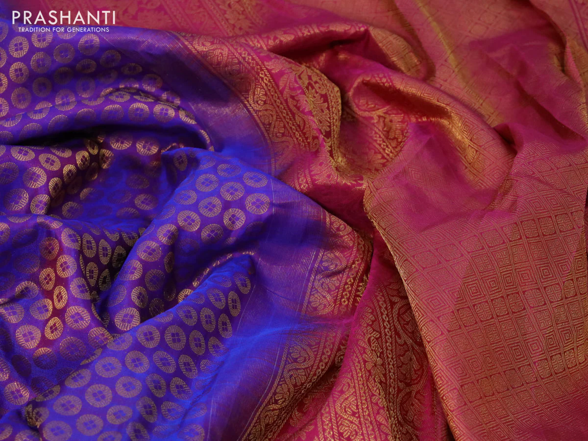 Gadwal silk saree purple and dark pink with allover zari butta weaves and long zari woven border - Image 3