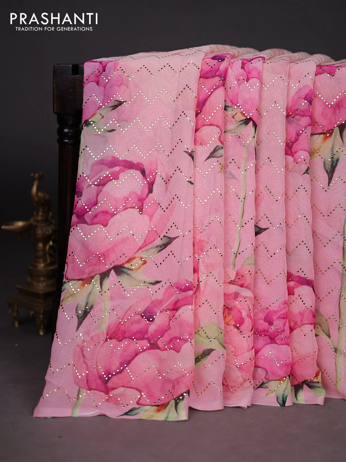 Georgette saree pale orange and mild peach pink with allover floral digital prints & gold stone work - Image 2