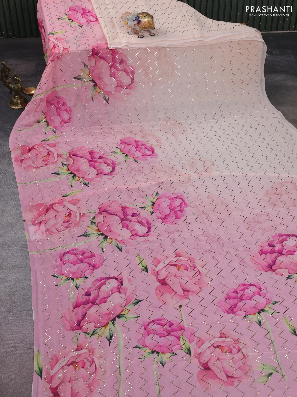 Georgette saree pale orange and mild peach pink with allover floral digital prints & gold stone work - Image 3