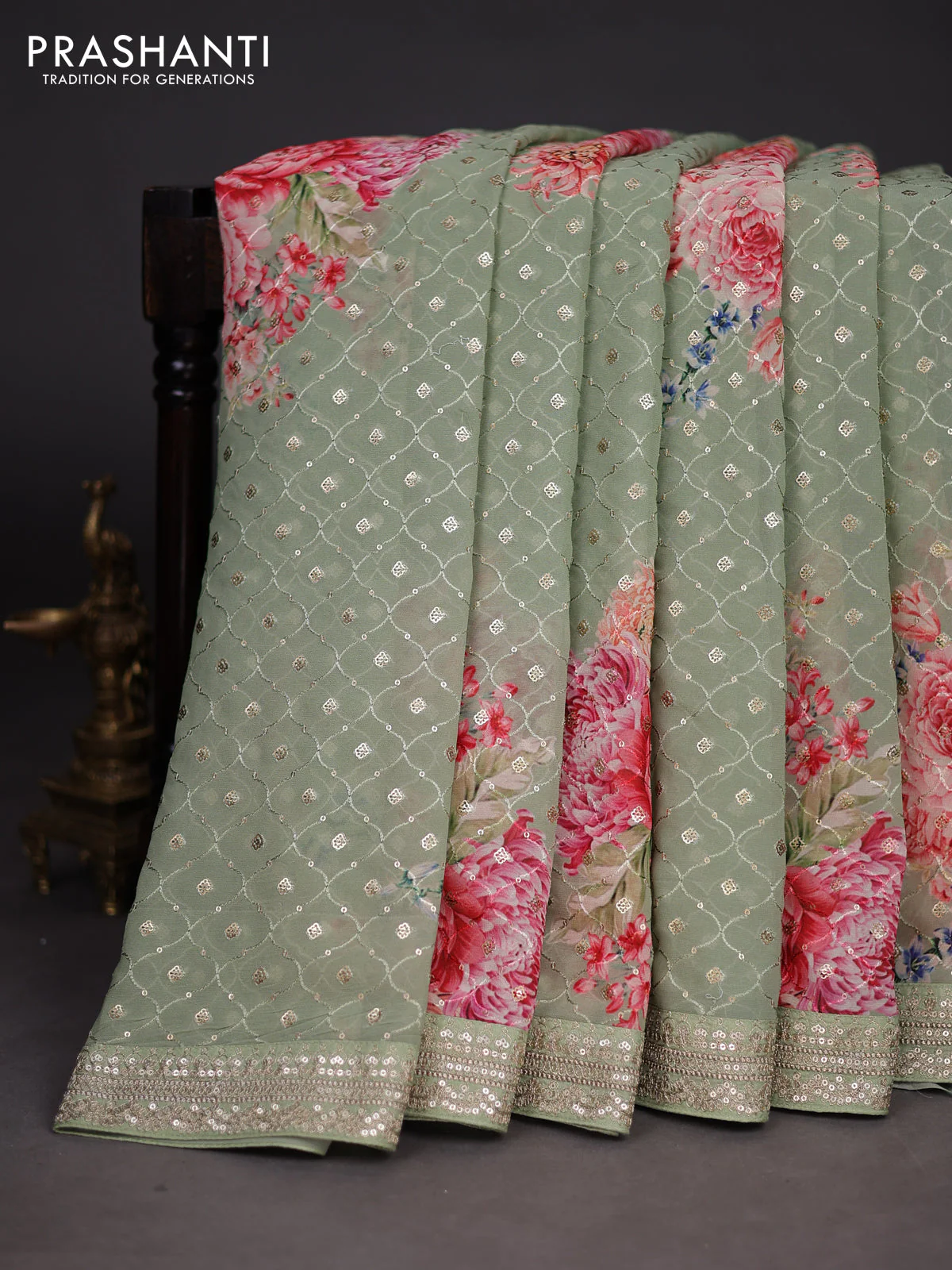 Georgette saree pastel green with allover sequin work & floral digital prints and sequin work border - Image 2