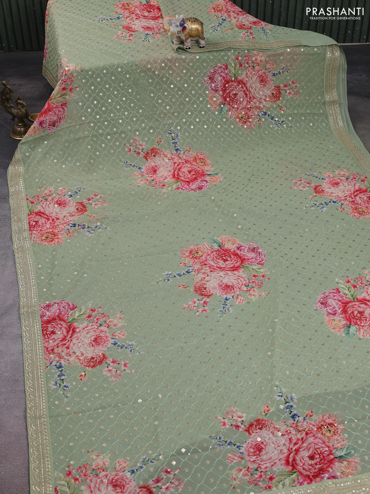 Georgette saree pastel green with allover sequin work & floral digital prints and sequin work border - Image 3