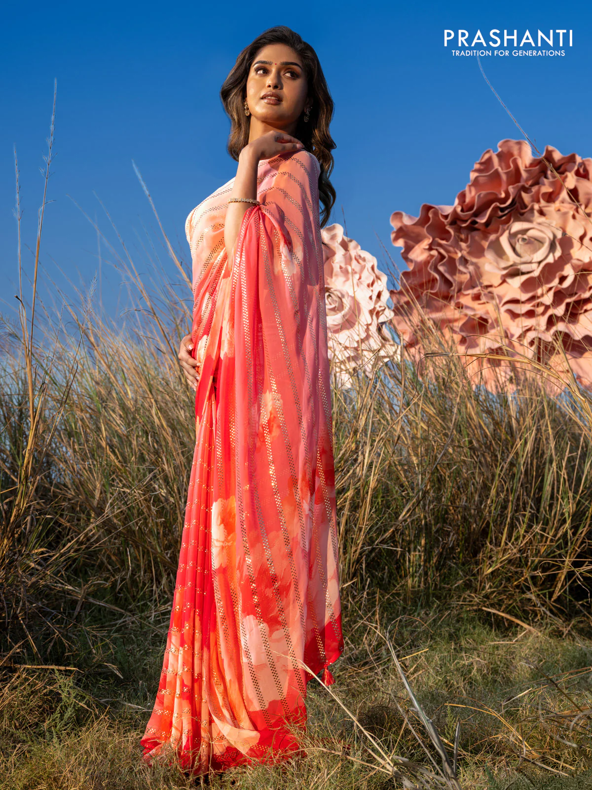 Georgette saree peach pink and pink with allover floral digital prints & gold stone work