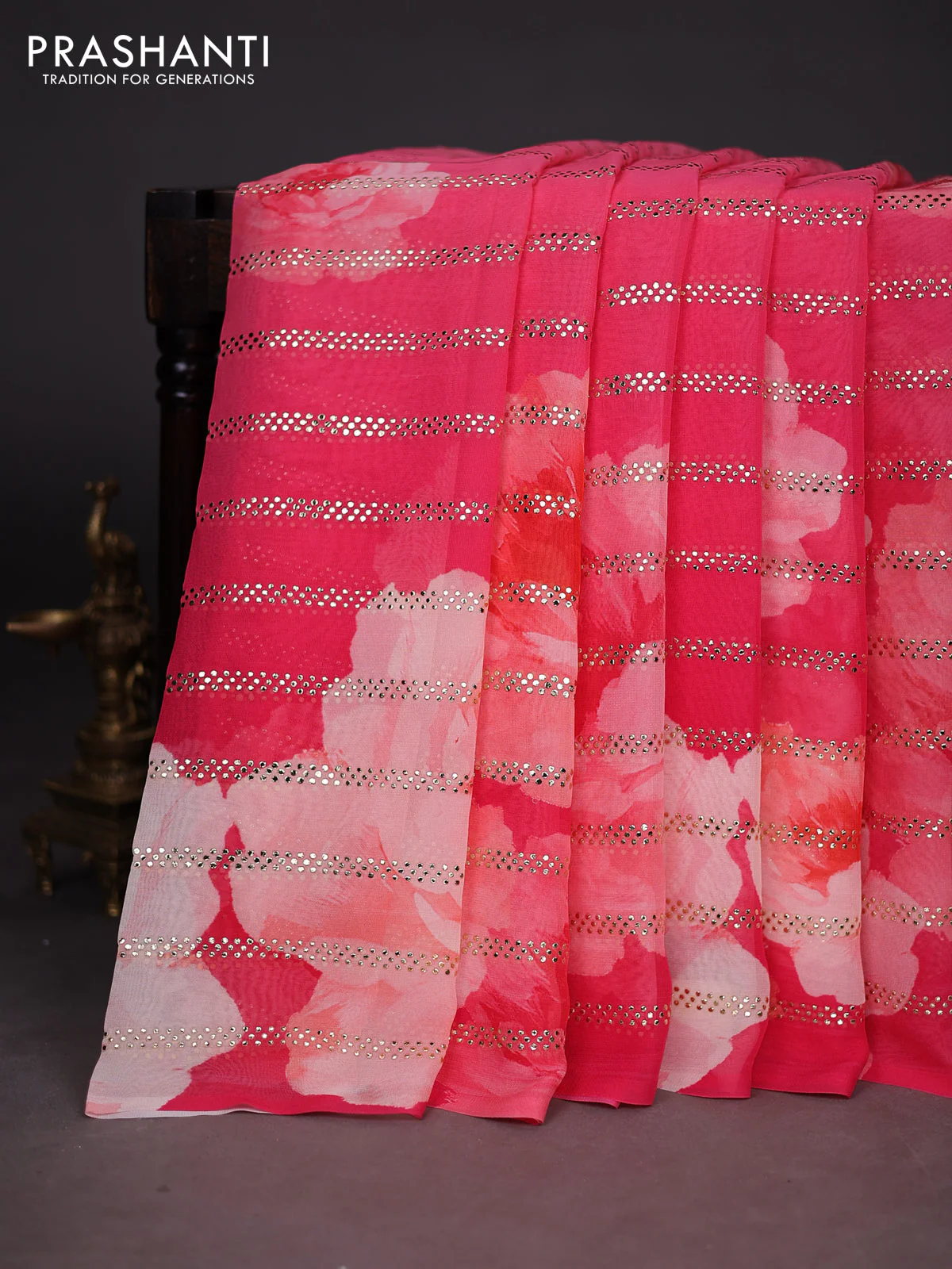 Georgette saree peach pink and pink with allover floral digital prints & gold stone work - Image 2