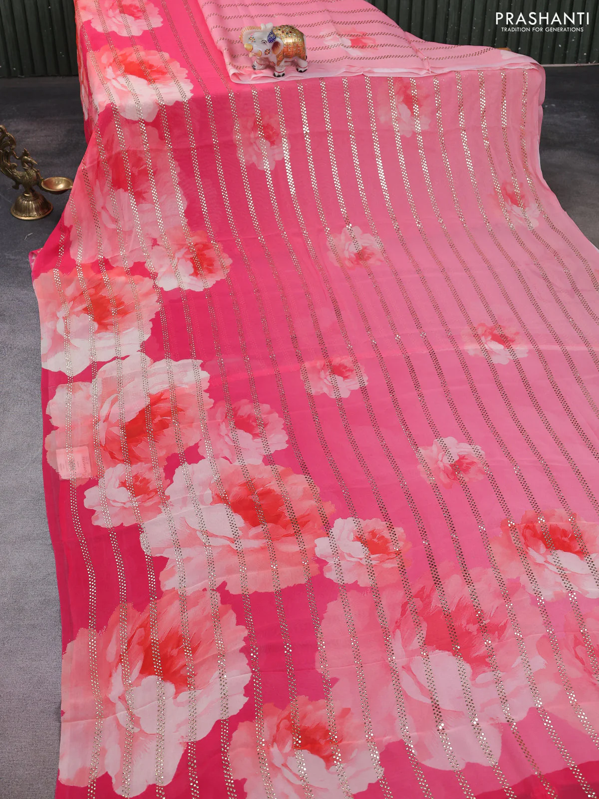 Georgette saree peach pink and pink with allover floral digital prints & gold stone work - Image 3