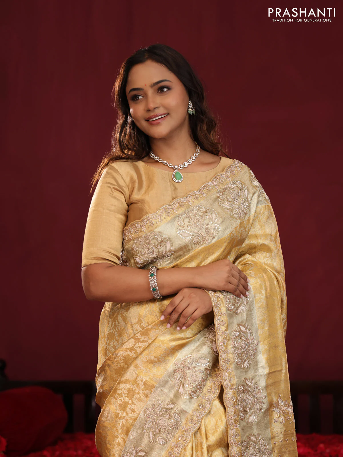 Gold Pure kanchipuram tissue silk saree with allover zari weaves & embroidery - Image 2