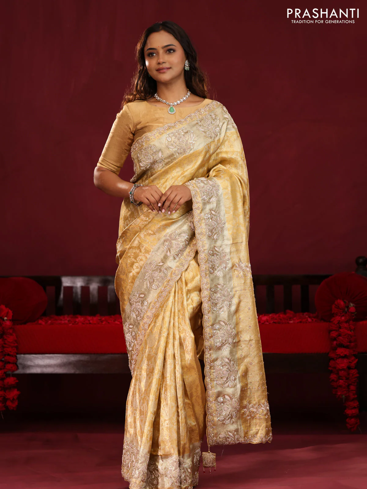 Gold Pure kanchipuram tissue silk saree with allover zari weaves & embroidery - Image 3