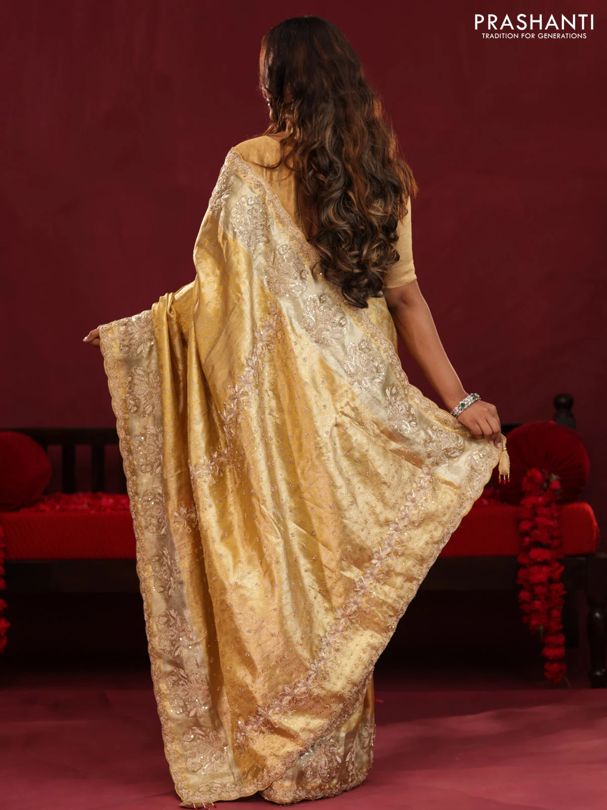 Gold Pure kanchipuram tissue silk saree with allover zari weaves & embroidery - Image 6