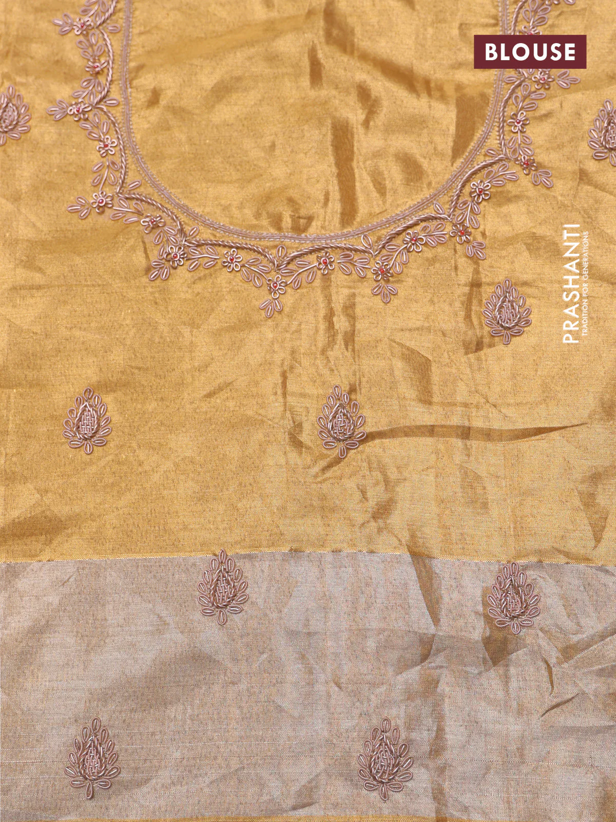 Gold Pure kanchipuram tissue silk saree with allover zari weaves & embroidery - Image 7