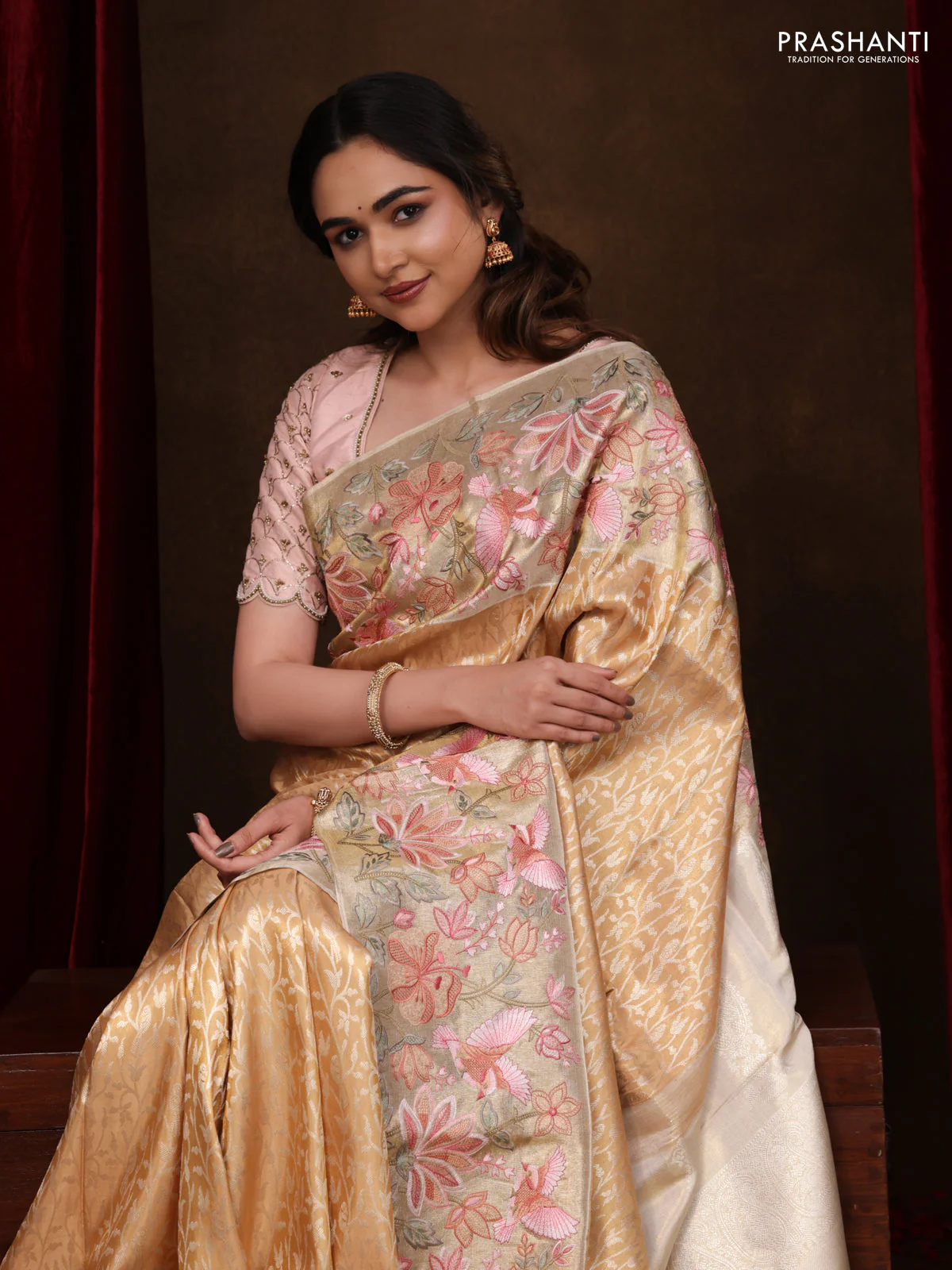 Gold Pure Kanchipuram Tissue Silk Saree With Brocade Zari Weaves & Border Embroidery - Image 5