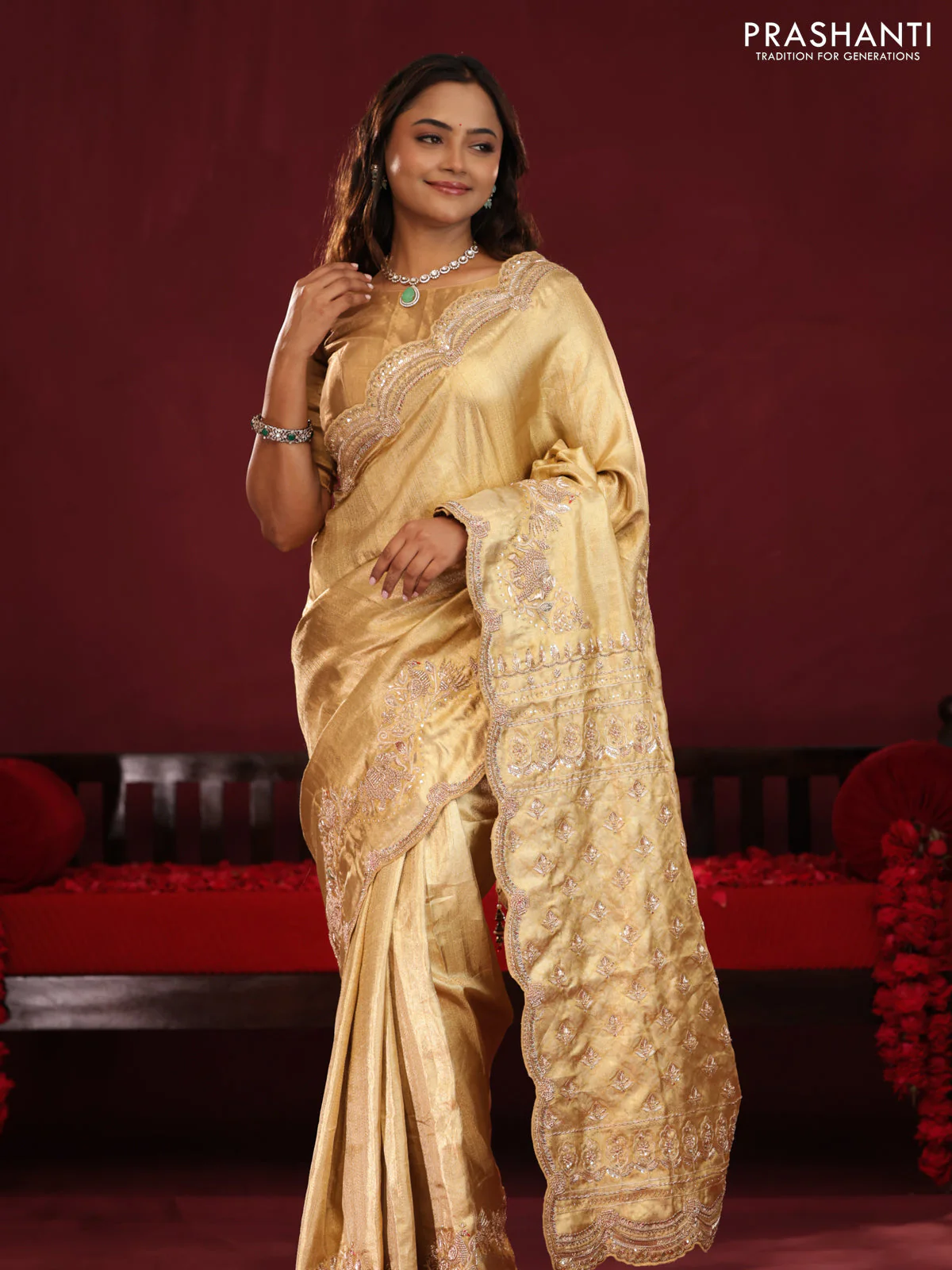 Gold pure kanchipuram tissue silk saree with embroidery border & pallu - Image 2