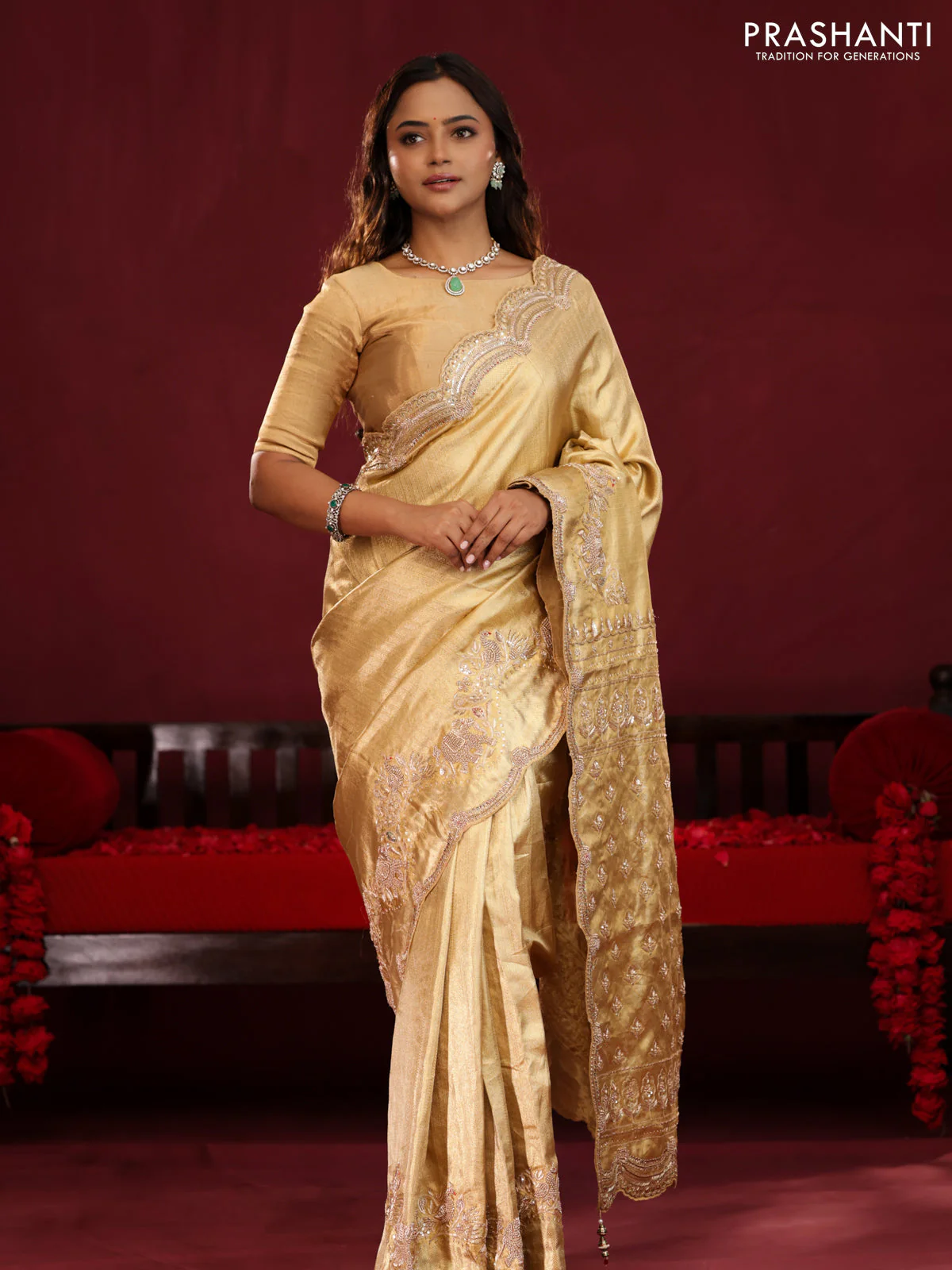 Gold pure kanchipuram tissue silk saree with embroidery border & pallu - Image 3