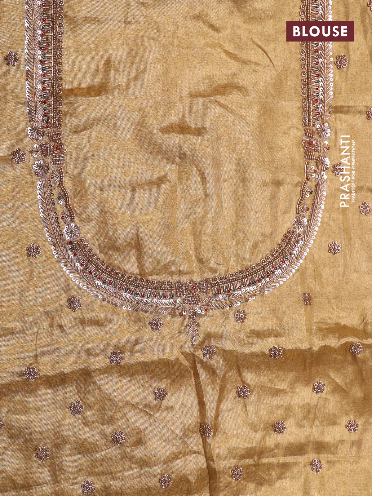 Gold pure kanchipuram tissue silk saree with embroidery border & pallu - Image 8