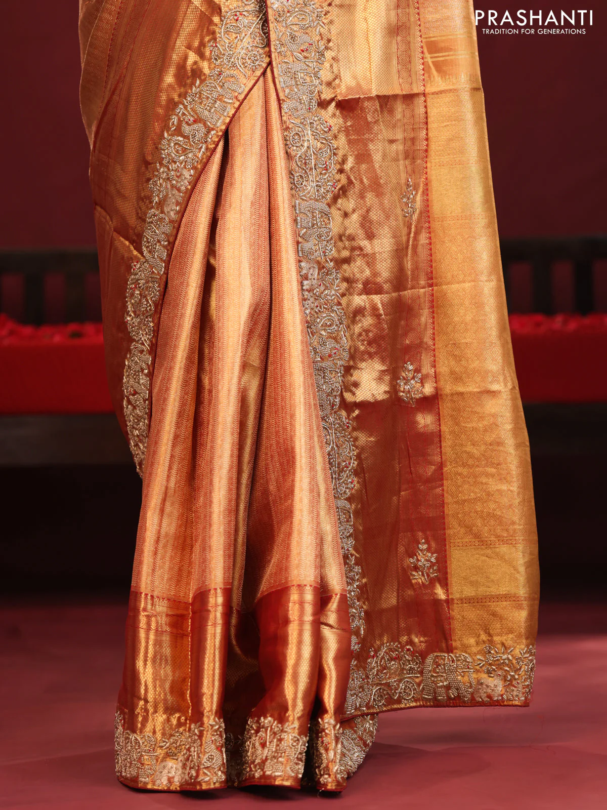 Gold & red Kanchipuram tissue Silk Saree with border Embroidery - Image 3