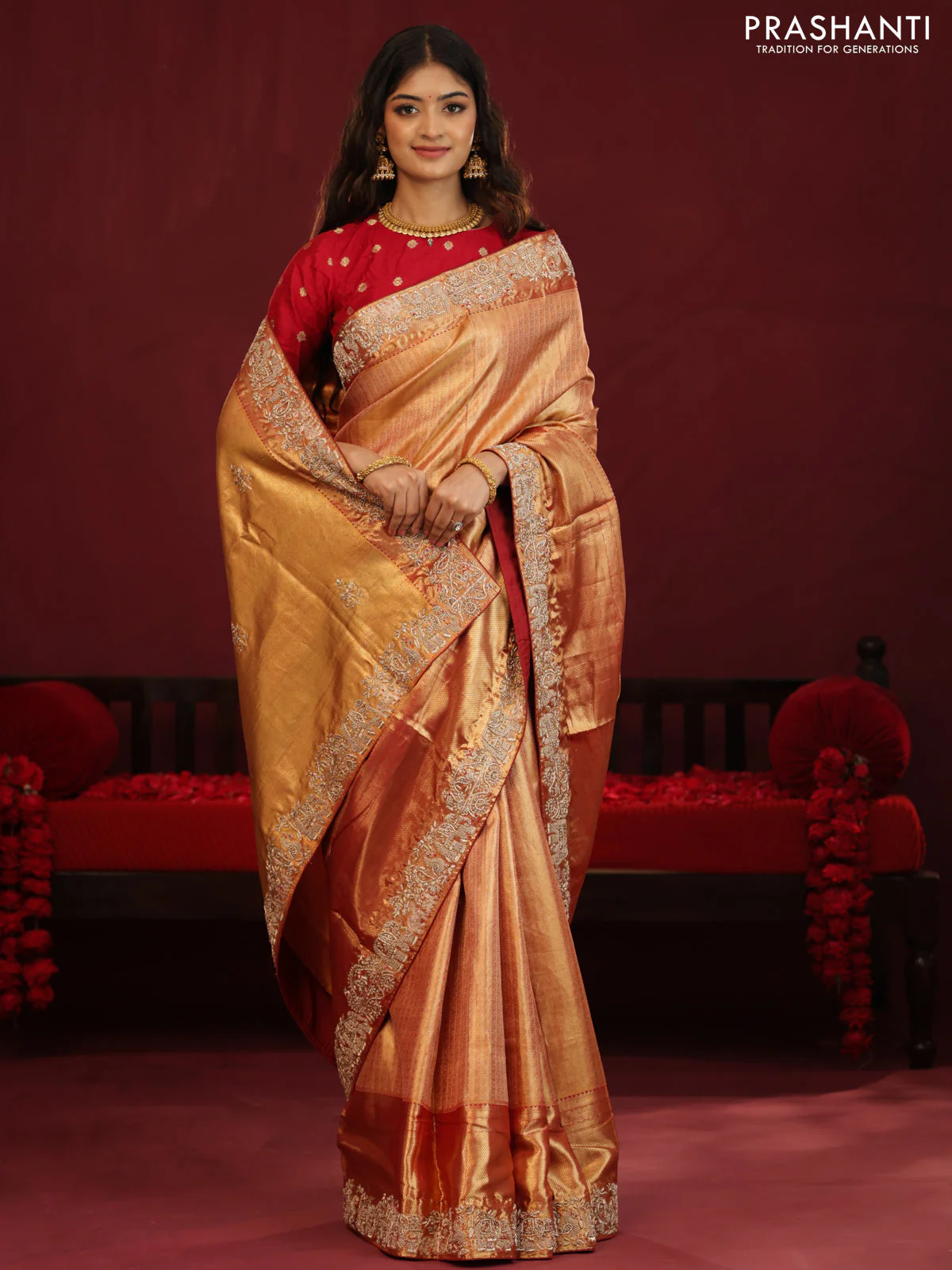 Gold & red Kanchipuram tissue Silk Saree with border Embroidery - Image 6