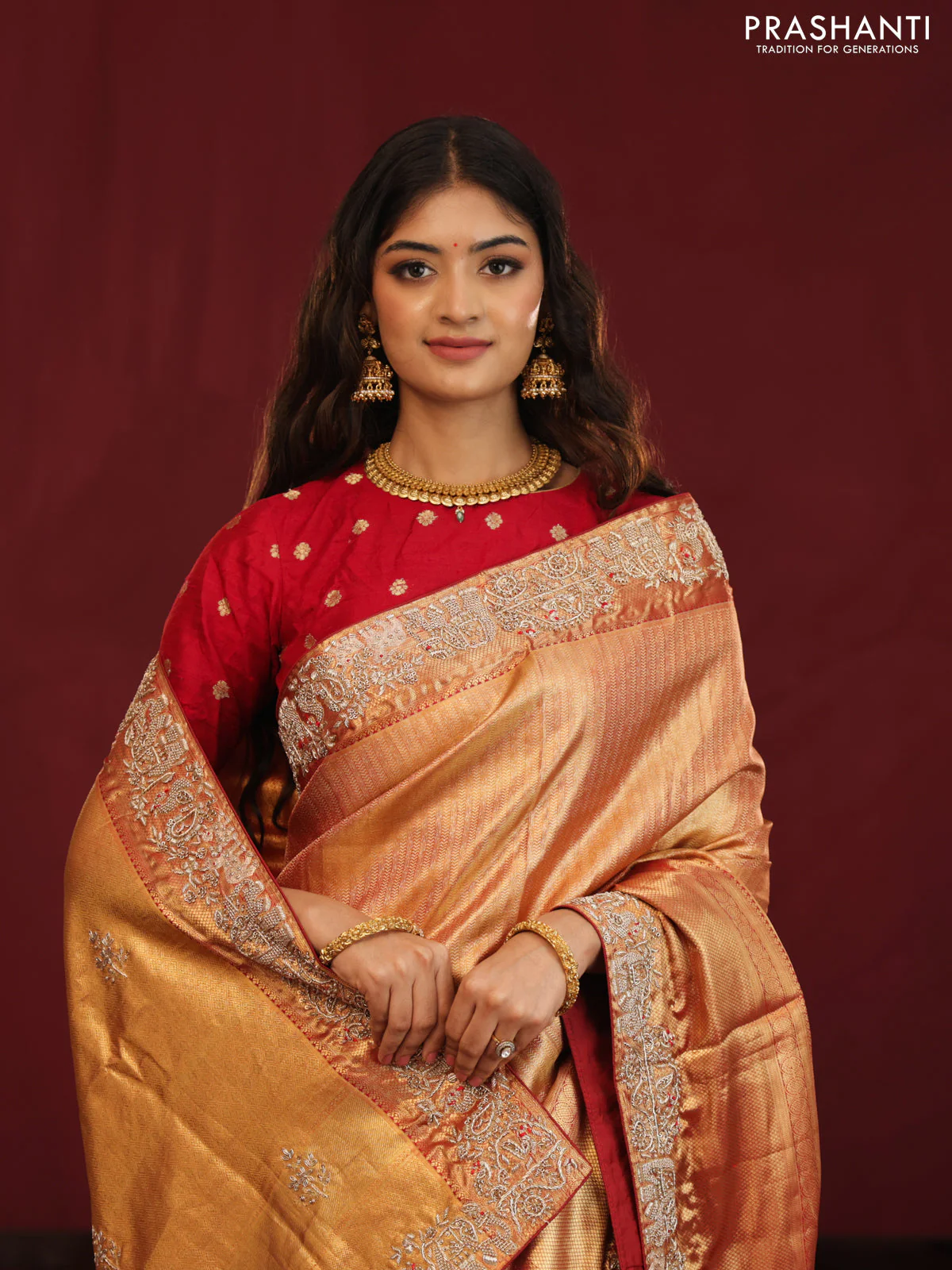 Gold & red Kanchipuram tissue Silk Saree with border Embroidery - Image 7