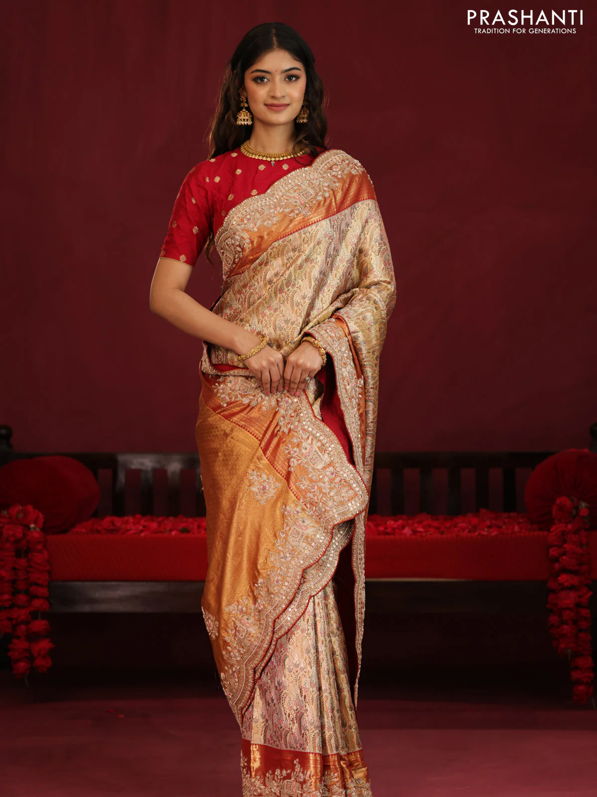 Gold & Red pure kanchipuram tissue silk saree with allover mina weaves & embroidery - Image 2