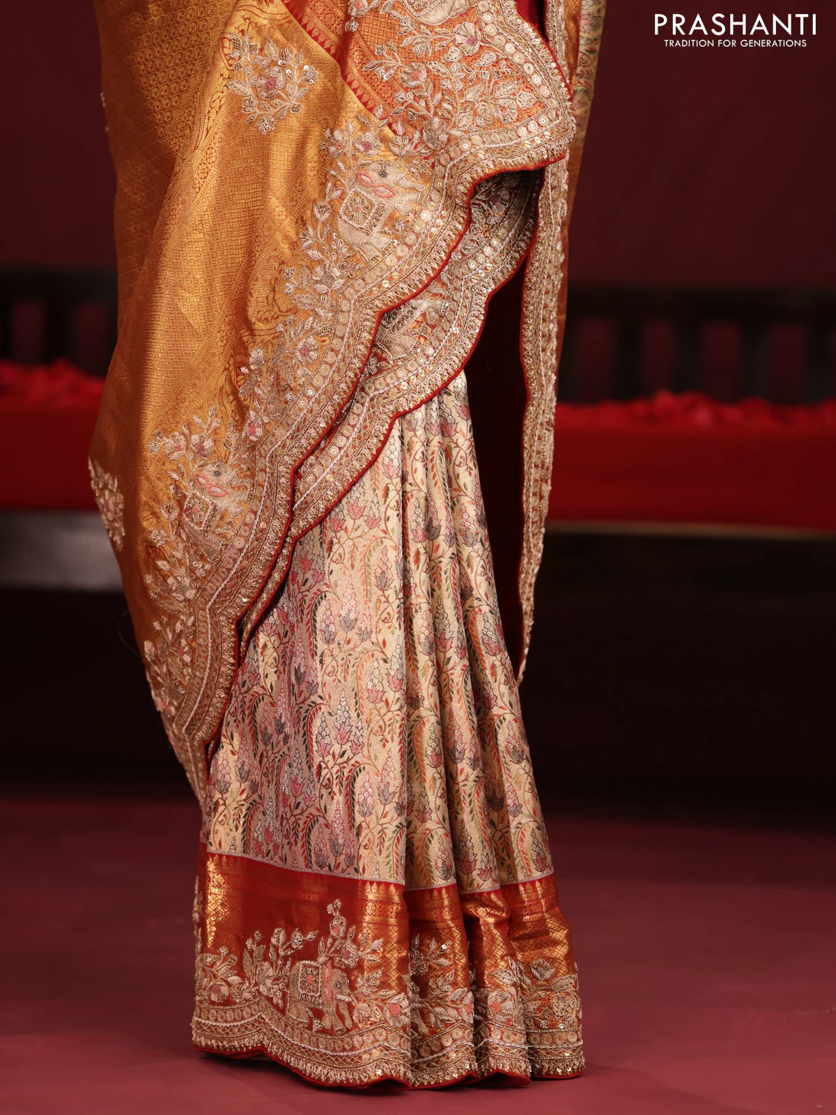 Gold & Red pure kanchipuram tissue silk saree with allover mina weaves & embroidery - Image 3