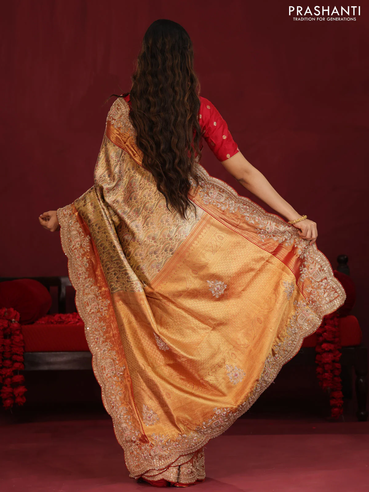 Gold & Red pure kanchipuram tissue silk saree with allover mina weaves & embroidery - Image 4