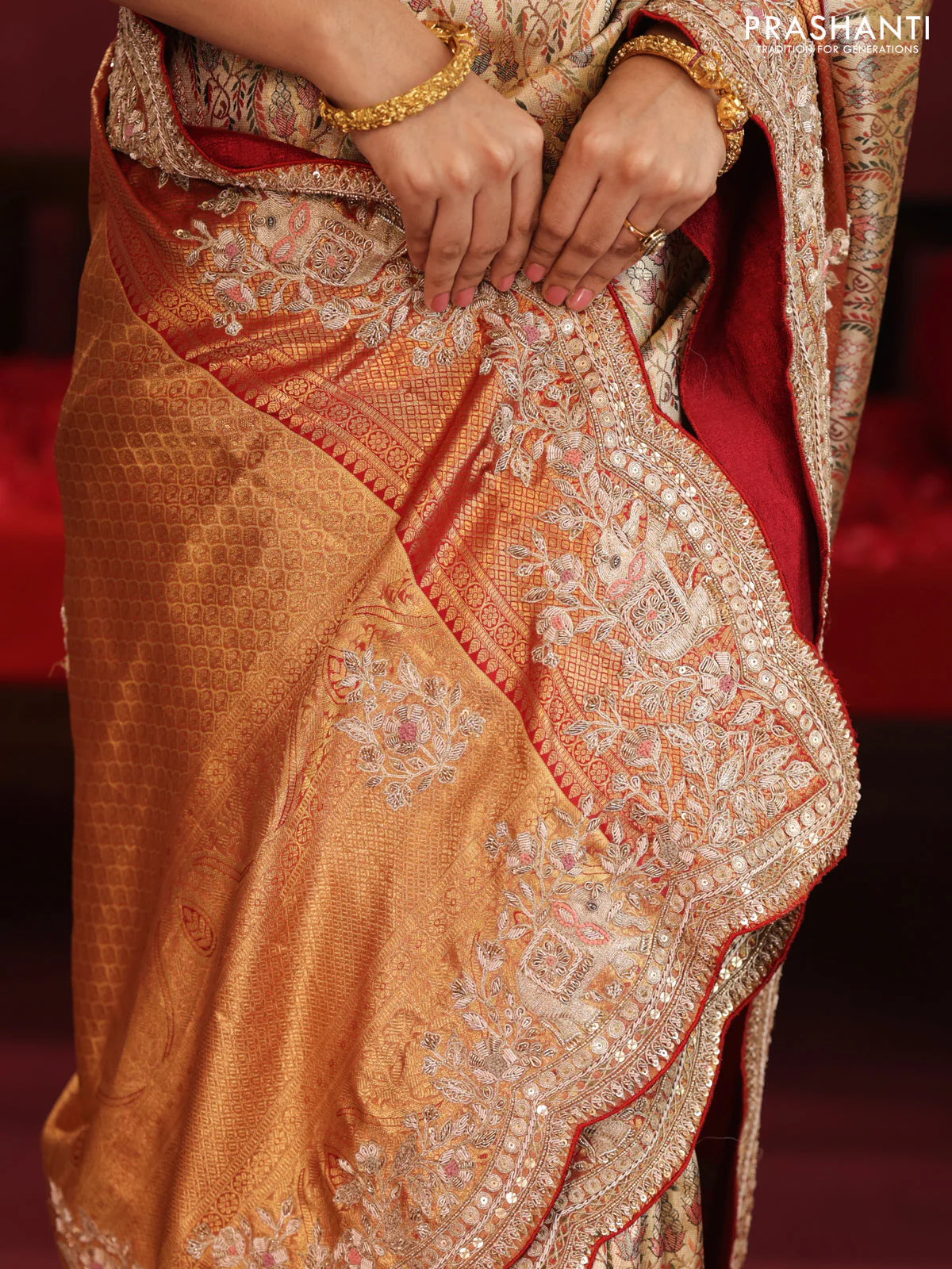 Gold & Red pure kanchipuram tissue silk saree with allover mina weaves & embroidery - Image 5