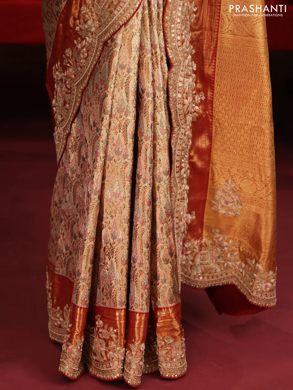 Gold & Red pure kanchipuram tissue silk saree with allover mina weaves & embroidery - Image 6