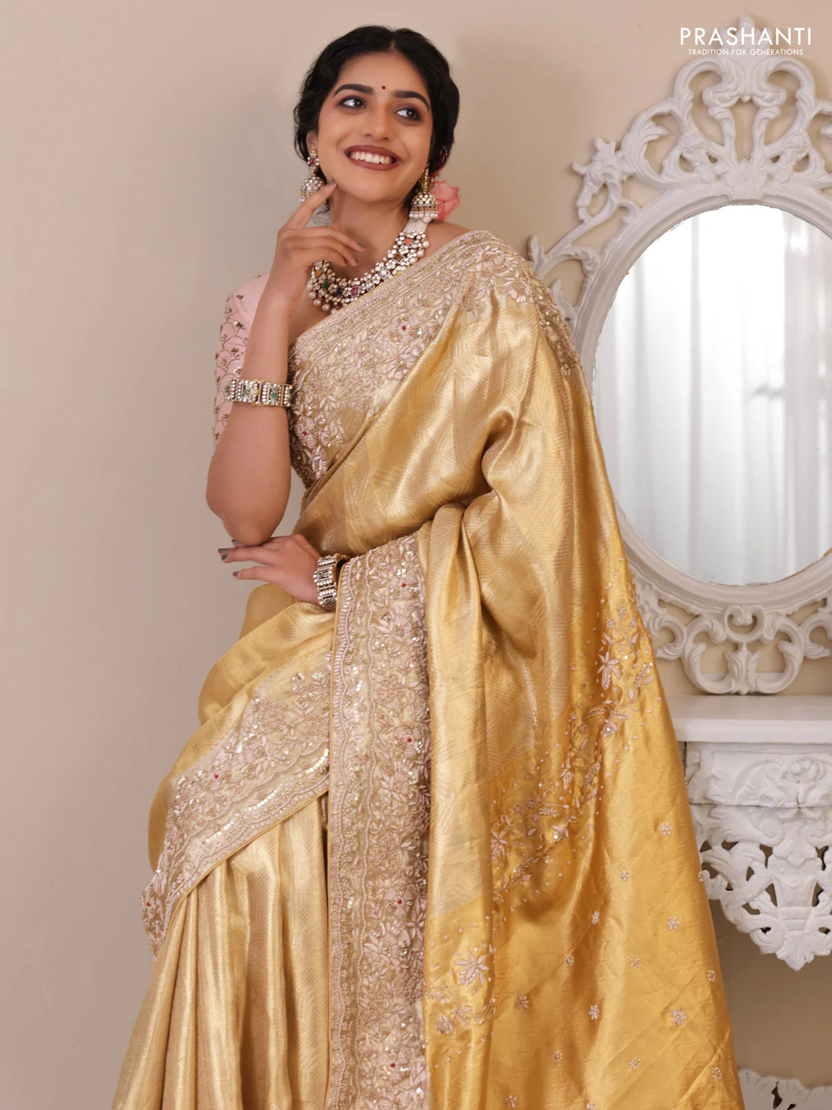 Golden Pure Tissue kanchipuram silk saree with embroidery border - Image 2