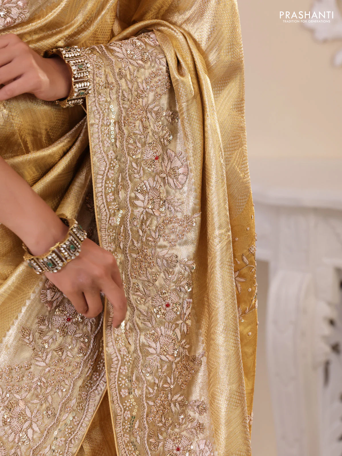 Golden Pure Tissue kanchipuram silk saree with embroidery border - Image 4