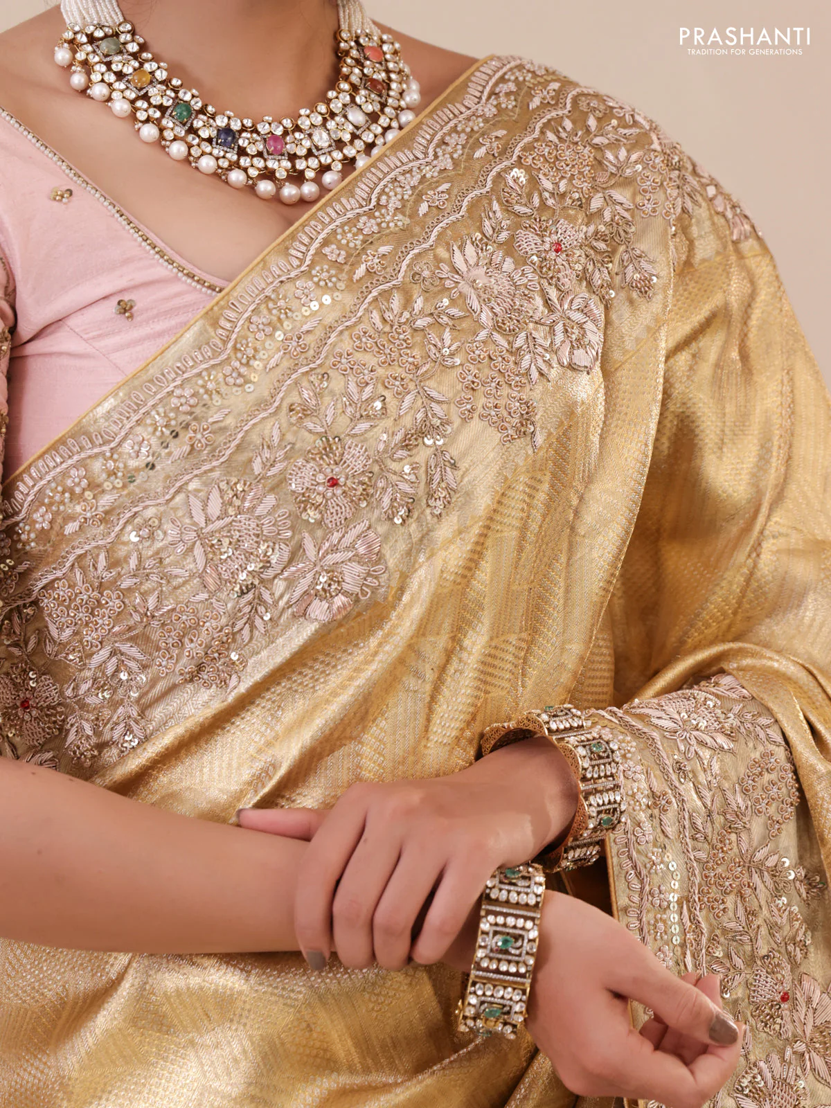Golden Pure Tissue kanchipuram silk saree with embroidery border - Image 5