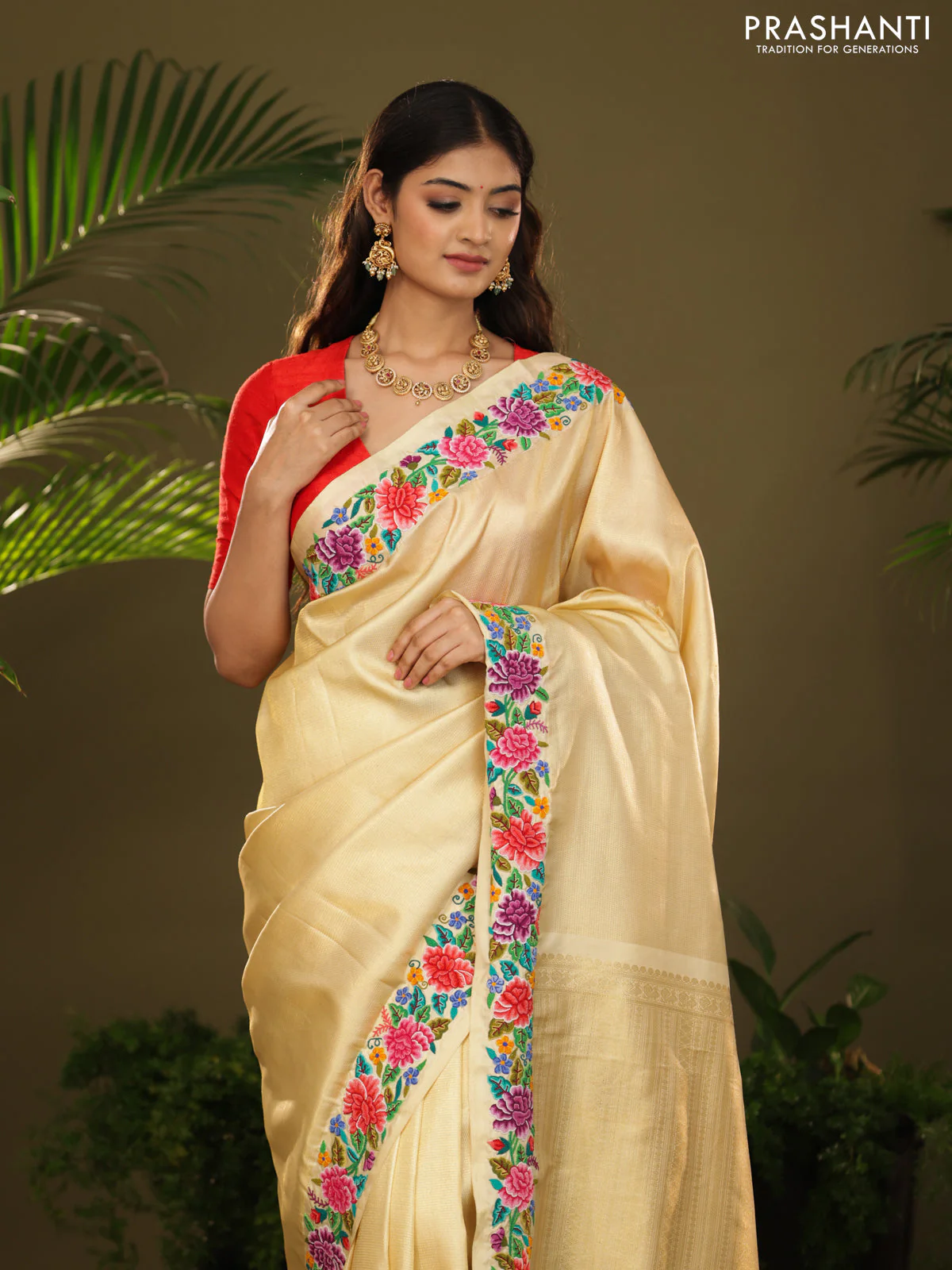 Golden tissue Kanchipuram Silk saree petit point embroidery border - Image 2