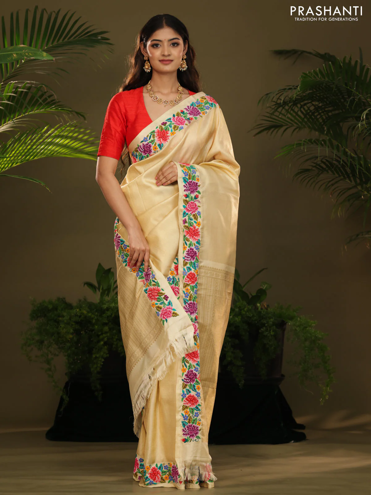 Golden tissue Kanchipuram Silk saree petit point embroidery border - Image 4