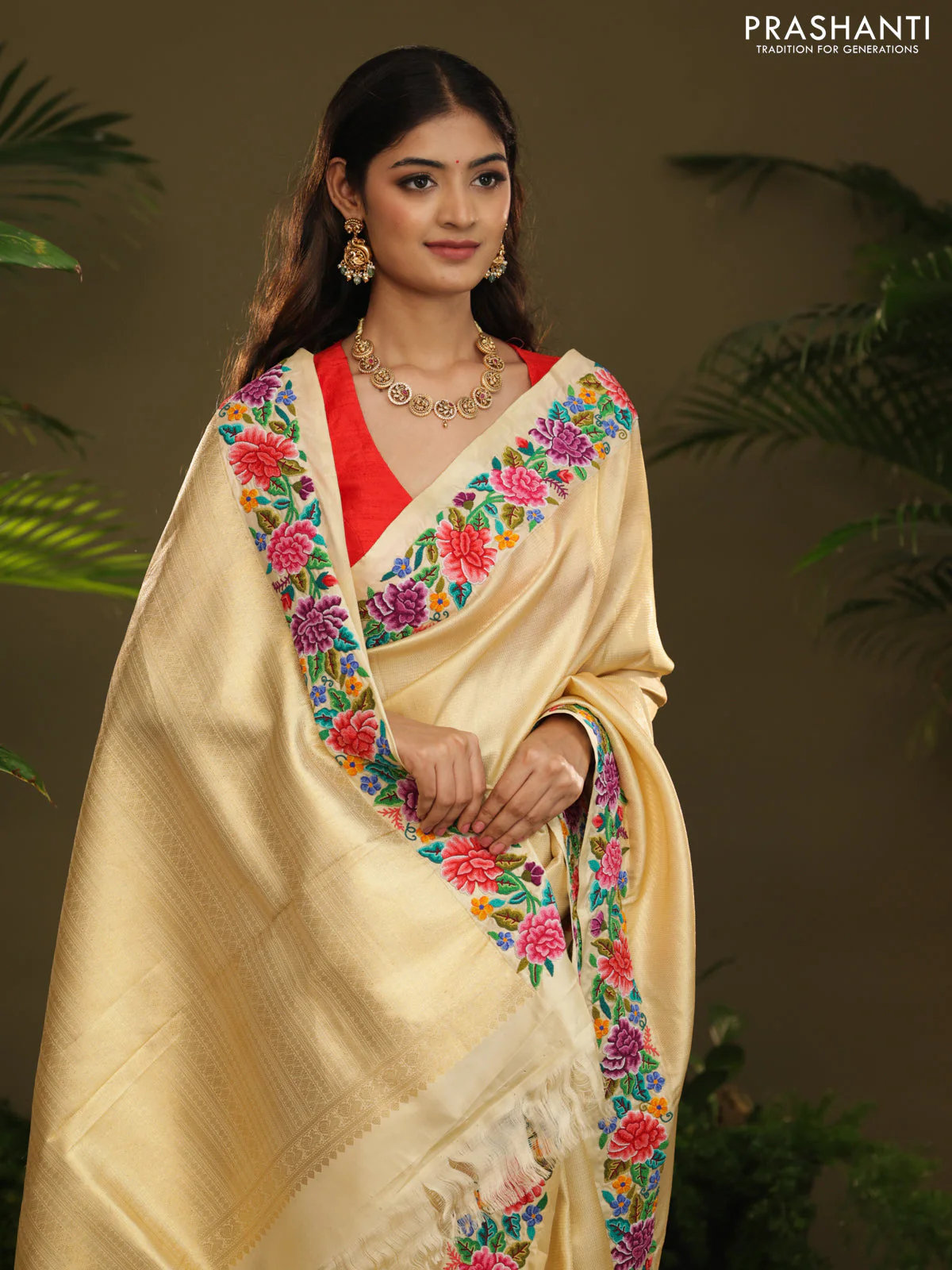 Golden tissue Kanchipuram Silk saree petit point embroidery border - Image 6