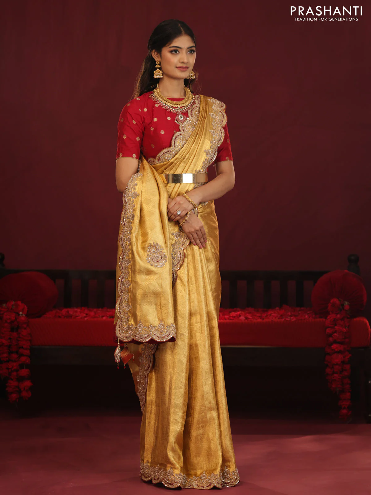 Golden tissue kanchipuram silk saree with allover brocade zari weaves & border embroidery - Image 10